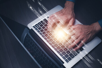 Online survey filling out and digital form checklist by laptop computer, Document Management...