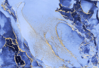 Blue marble and gold abstract background texture. Indigo, blue marbling with natural luxury style...