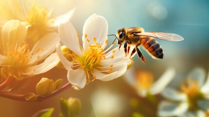 Generative AI image of A bee in nature pollinates a flower, working outdoors  - obrazy, fototapety, plakaty