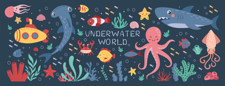 Cute sea. Ocean animals, shark, octopus and yellow submarine, scandinavian style undersea exotic fish and plants, funny underwater waves. Isolated decorative elements. Vector cartoon tidy illustration