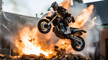Stunt performer doing dangerous motorcycle jump