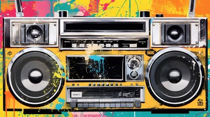 Fototapeta premium Generative AI, Grunge audio recorder, pop art graffiti, vibrant color. Ink melted paint street art on a textured paper vintage background