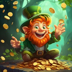 pixie with green hat and many flying gold coins