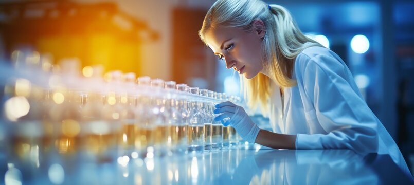 Diverse female research team with clear solution in laboratory, copy space on blurred background