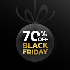 70% off. Black Friday sale tag, label or badge with ribbon bow. 70 percent price off 3d discount ball design. Promotion, marketing background or banner template. Vector illustration.