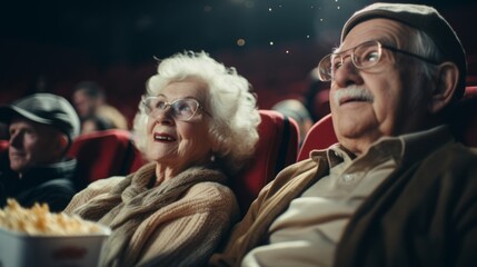 Fototapeta na wymiar Generative AI image of an elderly couple settling side by side in a movie theater. 
