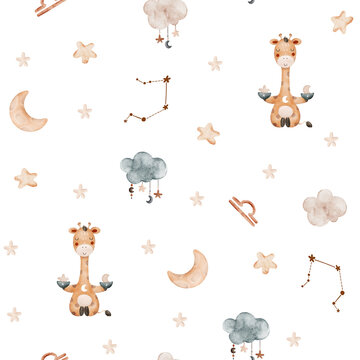 Watercolor seamless pattern with zodiac sign Libra, cloud, stars, horoscope symbol, constellation for posters, postcards, textiles, packaging, prints
