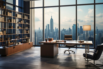 The sanctum of a contemporary attorney exudes efficiency and style, with expansive views of urban life and precisely arranged case documents. - obrazy, fototapety, plakaty