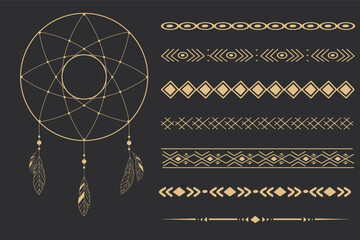 Set golden tribal dream catcher, feathers line art native arrows, dividers ethnic indian in doodle style on dark background. Geometric boho elements.
