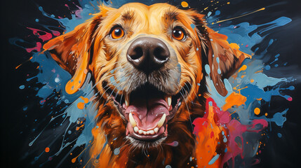 painting of a golden retriever dog face with colorful paint splatters