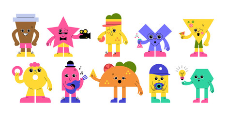 Fototapeta premium Cute character. Simple cartoon expression design, abstract faces of star with camera, triangle with or pizza, coffee cup and sandwich, playing guitar. Geometric childish set. Vector tidy collection