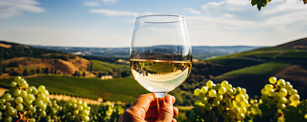 Vine glass in hand in sunset light. Vine degustation or tasting quality grapes in vineyard. - obrazy, fototapety, plakaty