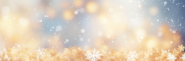 Fototapeta na wymiar Winter snowy blurred defocused blue background, golden boleh with copy space. Flakes of snow fall. Festive Christmas and New year background