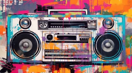 Fotobehang Generative AI, Grunge audio recorder, pop art graffiti, vibrant color. Ink melted paint street art on a textured paper vintage background © DELstudio