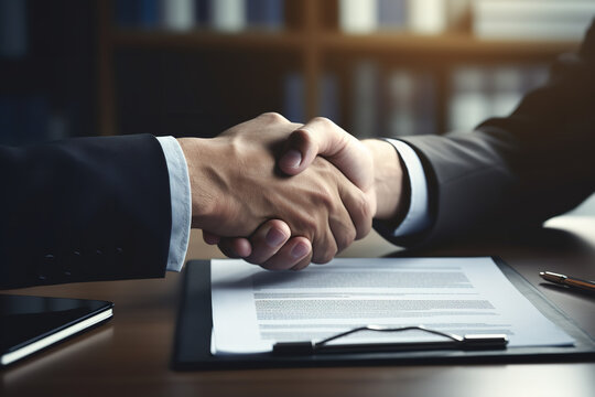 Symbolizing mutual consent and closure, two individuals seal a legal accord with a firm handshake over a freshly signed document.