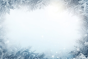 Winter snowy blurred defocused blue background with copy space. Frozen forest. Flakes of snow fall. Festive Christmas and New year background