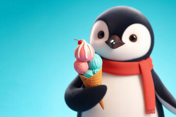 a penguin standing hold ice cream cone on solid blue background. ai generative - obrazy, fototapety, plakaty