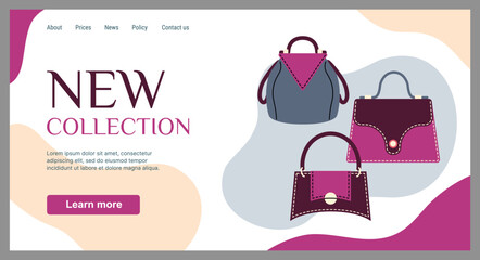 Bags store landing page. Fashion collection. Trendy accessories assortment. Fashionable clothing boutique. Leather purse and tote. Luxury handbags. Stylish merchandise. Website template vector design