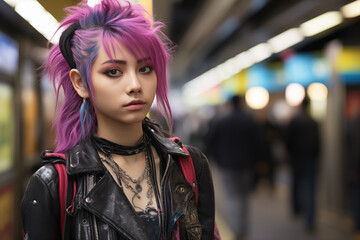 Young Japanese punk girl at subway station