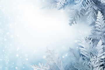 Winter snowy blurred defocused blue background with copy space. Flakes of snow fall. Festive Christmas and New year background