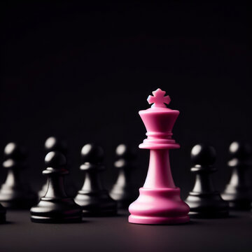 a pink queen standing out from black pawns on solid background. ai generative