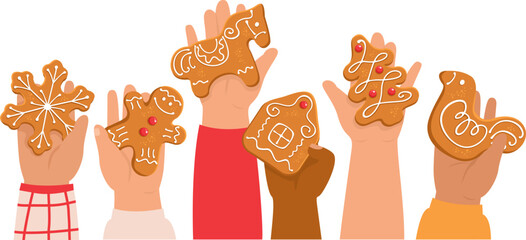 Children holding decorated gingerbreads. Kid's hands with traditional Christmas cookies - 679585522