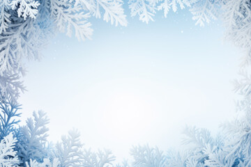 Fototapeta na wymiar Winter snowy blurred defocused blue background with copy space. Flakes of snow fall. Festive Christmas and New year background