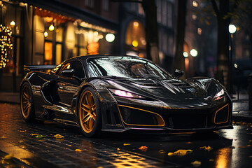 black luxury sports car on the road in city at night