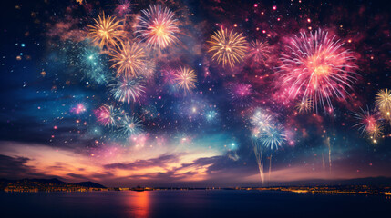 Fototapeta na wymiar Bright fireworks on night sky