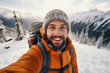 Fototapeta na wymiar Generative AI image of a Young man wearing winter clothes taking selfie picture in winter snow mountain - Happy guy with backpack hiking outside - Recreation, sport and people concept