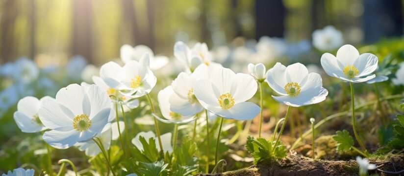 Generative AI image of a Beautiful white flowers of anemones in spring in a forest close-up in sunlight in nature. Spring forest landscape with flowering primroses