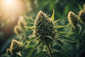 Close up Marijuana Bud on Canopy Cannabis Plants with Flat Vintage Style sun set. ai generative