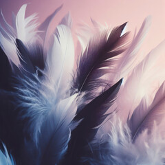 Obraz premium Close up white and black feathers closeup Abstract pastel purple soft fluffy texture background design. ai generative