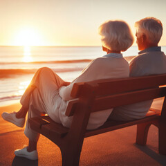 elderly couple sitting on a bench by the ocean at sunset. ai generative