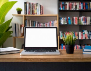 laptop white screen on a bookshelf in an office; concept of work at home