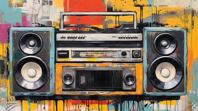 Generative AI, Grunge audio recorder, pop art graffiti, vibrant color. Ink melted paint street art on a textured paper vintage background