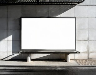The billboard on the bus stop wall is clean and white with space for text.