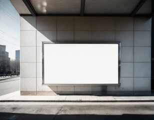 The billboard on the bus stop wall is clean and white with space for text.