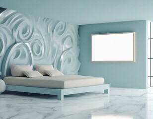 Loft style bedroom with white TV screen on the wall, marble floor, advertising concept, brand.