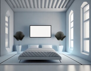 Loft style bedroom with white TV screen on the wall, marble floor, advertising concept, brand.