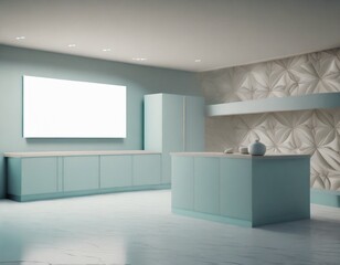 Loft style kitchen with white TV screen on the wall, marble floor, advertising concept, brand.