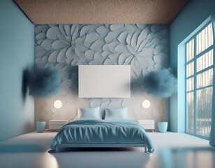 Loft style bedroom with white TV screen on the wall, marble floor, advertising concept, brand.