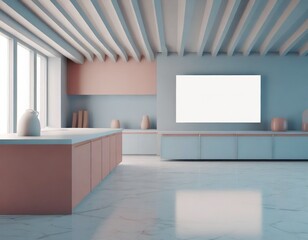 Loft style kitchen with white TV screen on the wall, marble floor, advertising concept, brand.