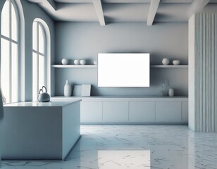 Loft style kitchen with white TV screen on the wall, marble floor, advertising concept, brand.