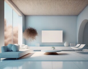 The loft-style living room has a TV white screen on the wall, marble floors,