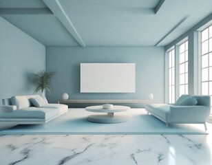 The loft-style living room has a TV white screen on the wall, marble floors,