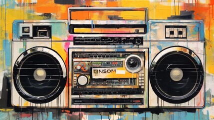 Fototapeta premium Generative AI, Grunge audio recorder, pop art graffiti, vibrant color. Ink melted paint street art on a textured paper vintage background