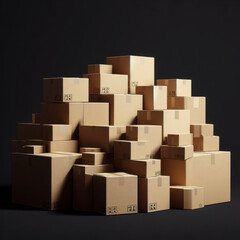 Package cardboard boxes stack on solid black background. ai generative