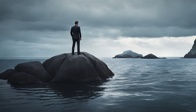 Concept of a dejected businessman standing by himself on a small island in the middle of the ocean, a man standing on a rock in the water