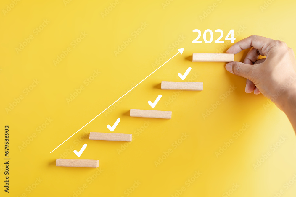 Aufkleber Ladder Steps to New year 2024 and countdown merry christmas and happy new year, Planning and challenge strategy in new year 2024 Concept.